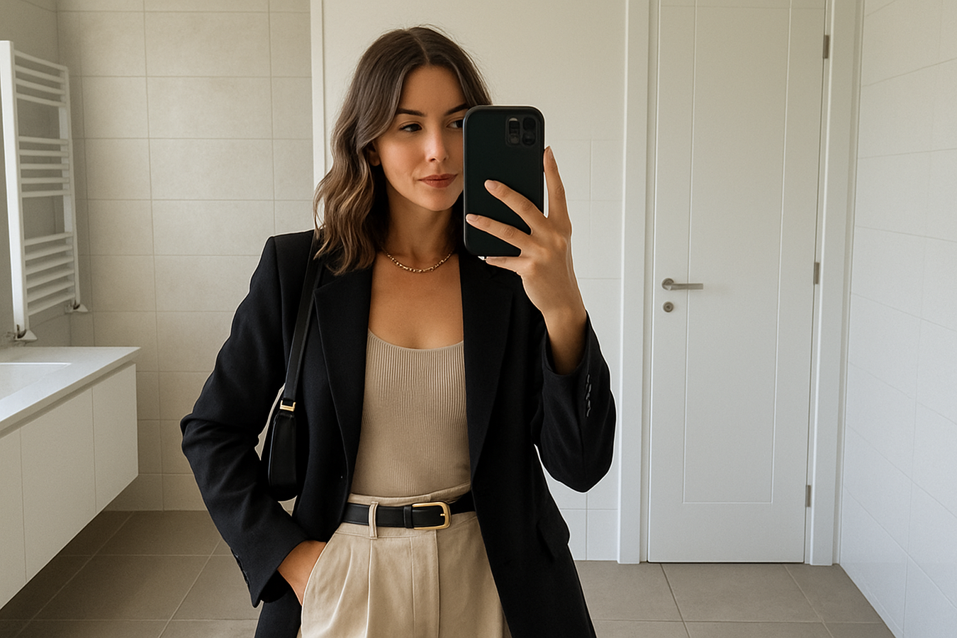 PHOTO PRISE EN SELFI PAR UNE FEMME POUR MONTRER SA TENUE A LA MODE; UNE BELLE PHOTO PRISE DANS UNE SALLE DE BAIN; JE PEU L4UTLISER POUR METTRE SUR MON SITE 