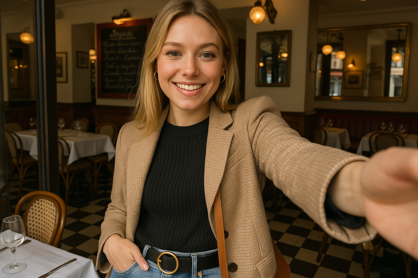 un selfie amateur d'une femme blonde qui montre sa tenue dans un restaurant france 